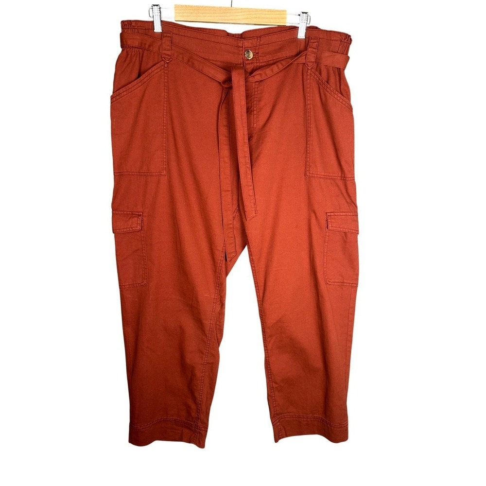 OLD NAVY Womens Utility Cargo Pants Rust Orange Paperbag Waist Belted Cropped XL - Picture 2 of 10